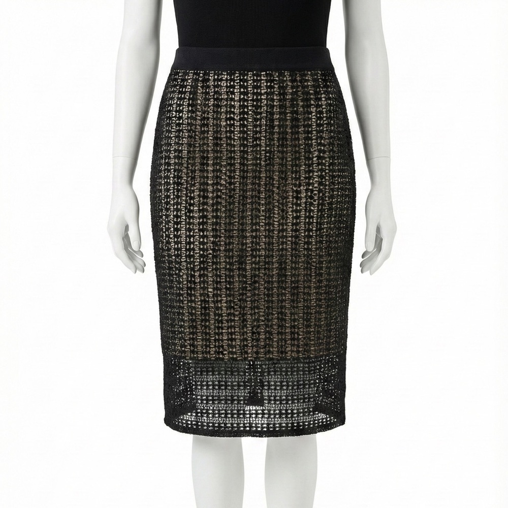 Ann Taylor Black Crochet Knit Midi Pencil Skirt Lined Sheer Hem